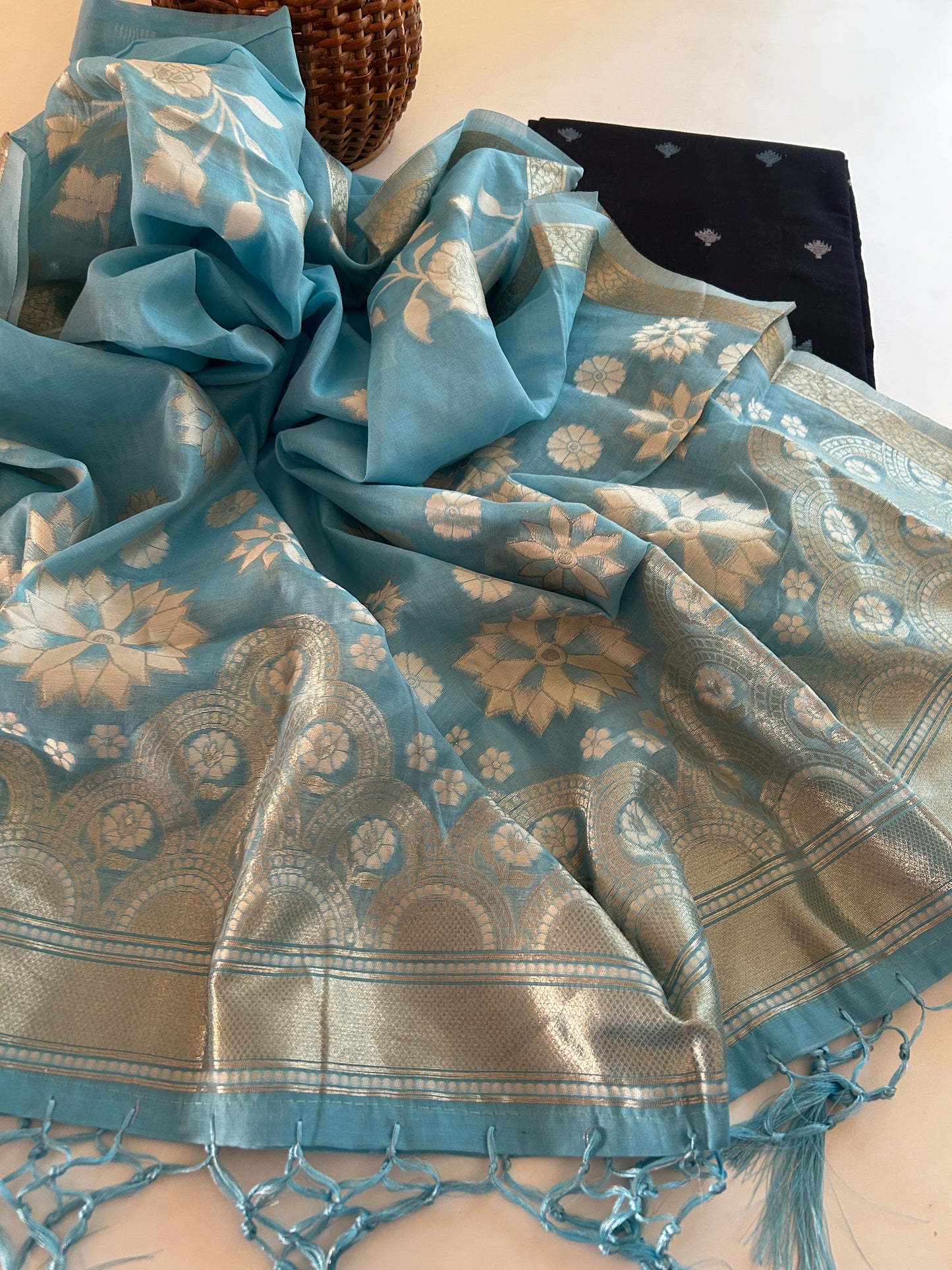 Black Opal - Pure Handloom Cotton Suit with Cotton Silk Zari Dupatta