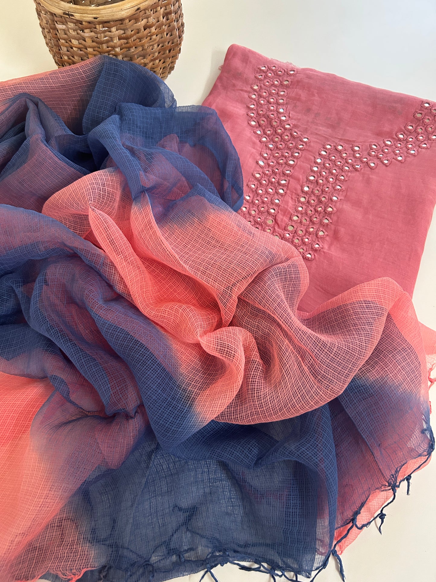 Unstitched Chanderi Silk Suit Set with Handmade Mirror Work