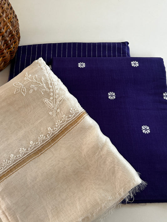 Handmade Chikankari Pure Chanderi Silk Dupatta with Premium Handloom Cotton Kurta & Bottom – Purple Blue