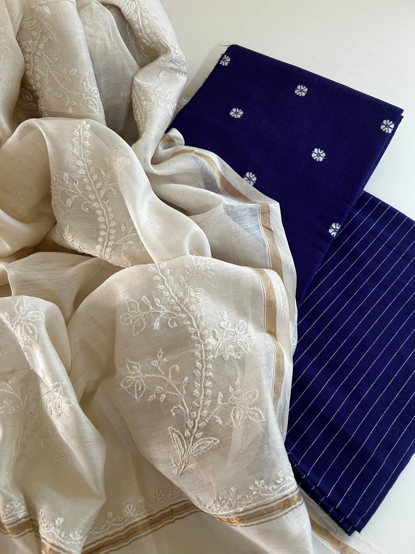 Handmade Chikankari Pure Chanderi Silk Dupatta with Premium Handloom Cotton Kurta & Bottom – Purple Blue