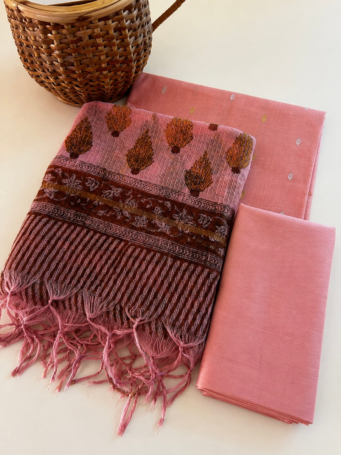 Soft Peach Handloom Cotton Silk Suit Set with Kota Doria Dupatta