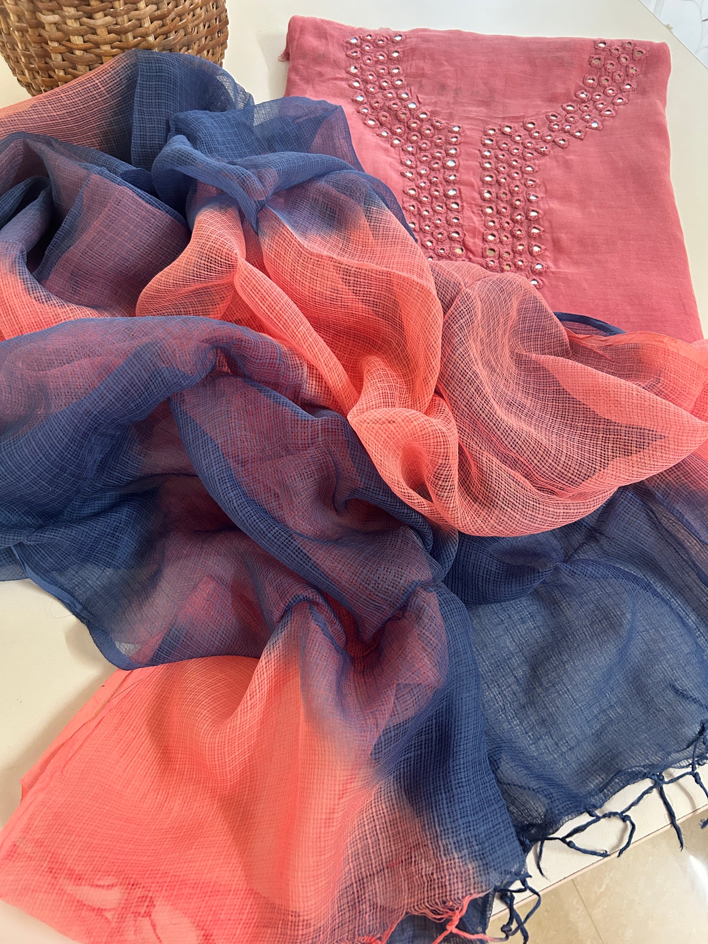 Unstitched Chanderi Silk Suit Set with Handmade Mirror Work