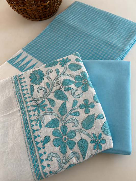 Handmade Kantha Dupatta & Woven Temple Border Kurta Set (Aqua & White)