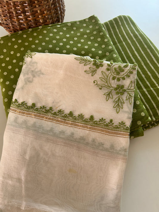 Chikankari Chanderi Silk Dupatta with Natural Dye Slub Cotton Kurta Set