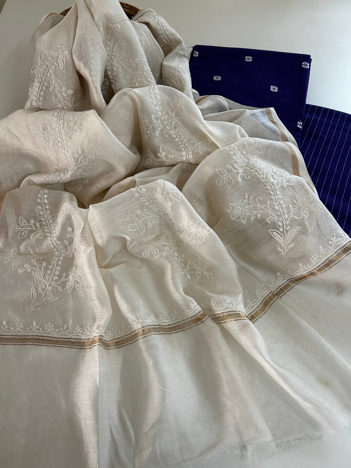 Handmade Chikankari Pure Chanderi Silk Dupatta with Premium Handloom Cotton Kurta & Bottom – Purple Blue