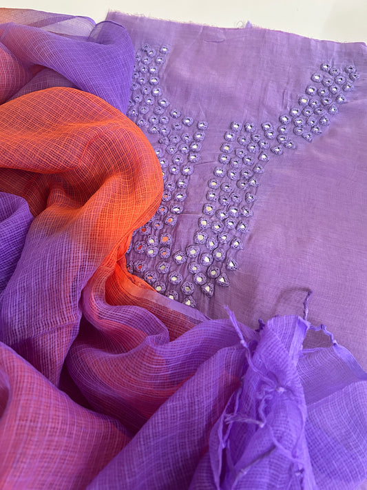 Unstitched Chanderi Silk Suit Set with Handmade Mirror Work