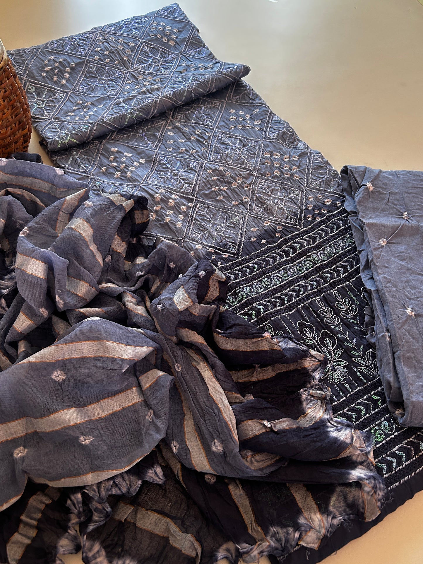 Slate Blue Mul Cotton Bandhani Kurta Set with Leheriya Stole
