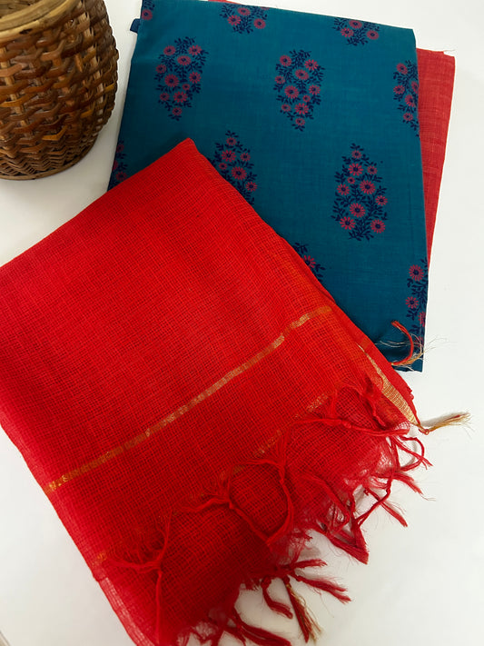 Premium Double Shade Handloom Handblock Cotton Kurta Fabric with Bottom & Pure kota Doria Dupatta