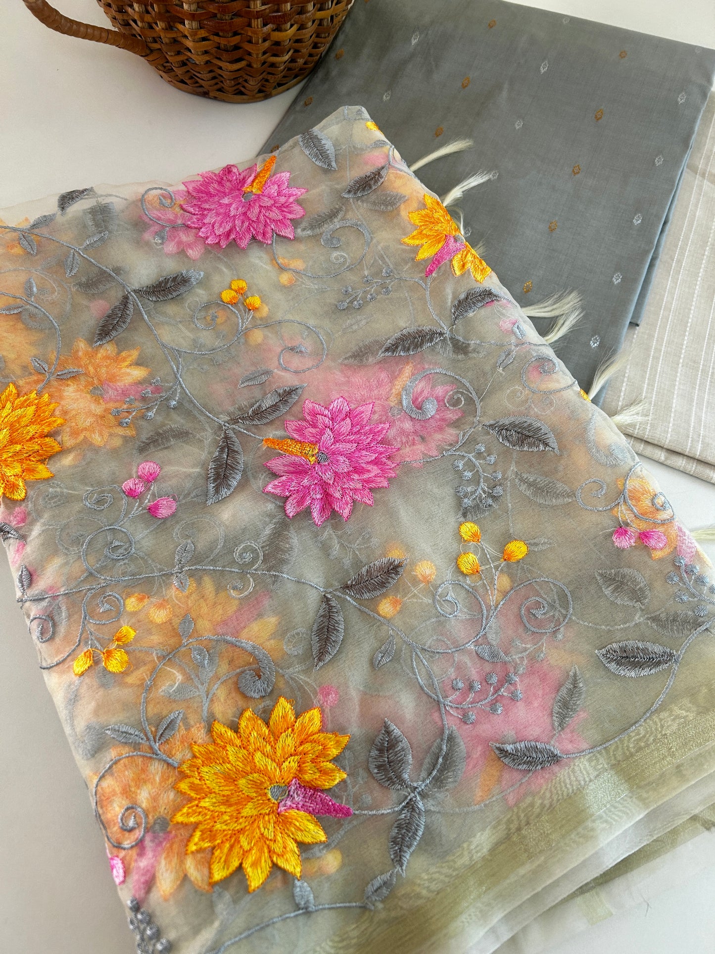 Misty Blooms | Ivory Grey Organza Dupatta with Silk Cotton Kurta Set