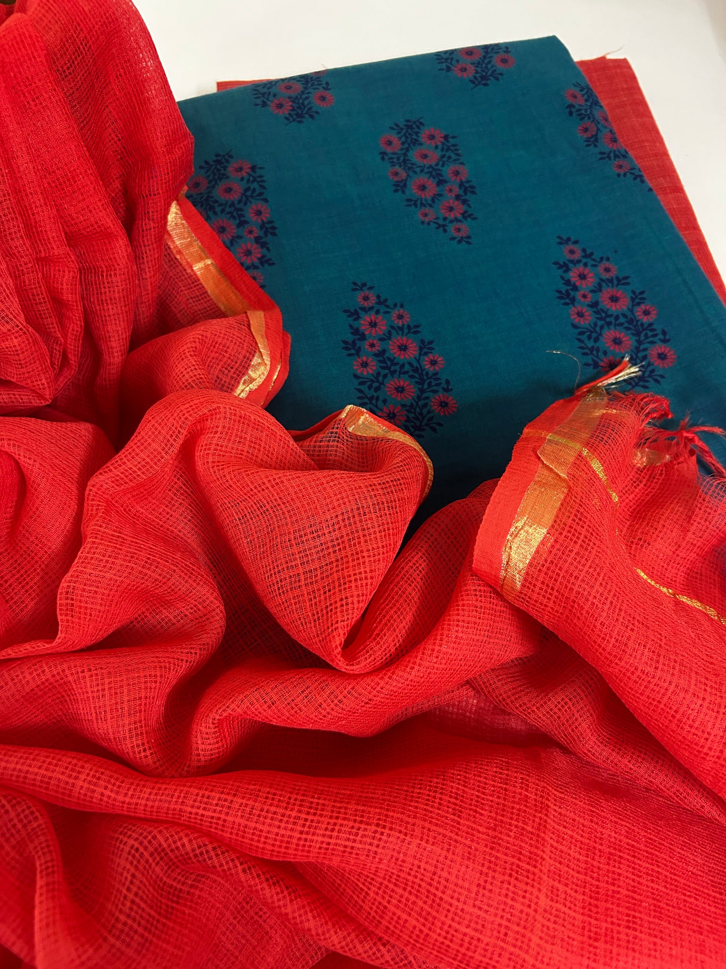 Premium Double Shade Handloom Handblock Cotton Kurta Fabric with Bottom & Pure kota Doria Dupatta