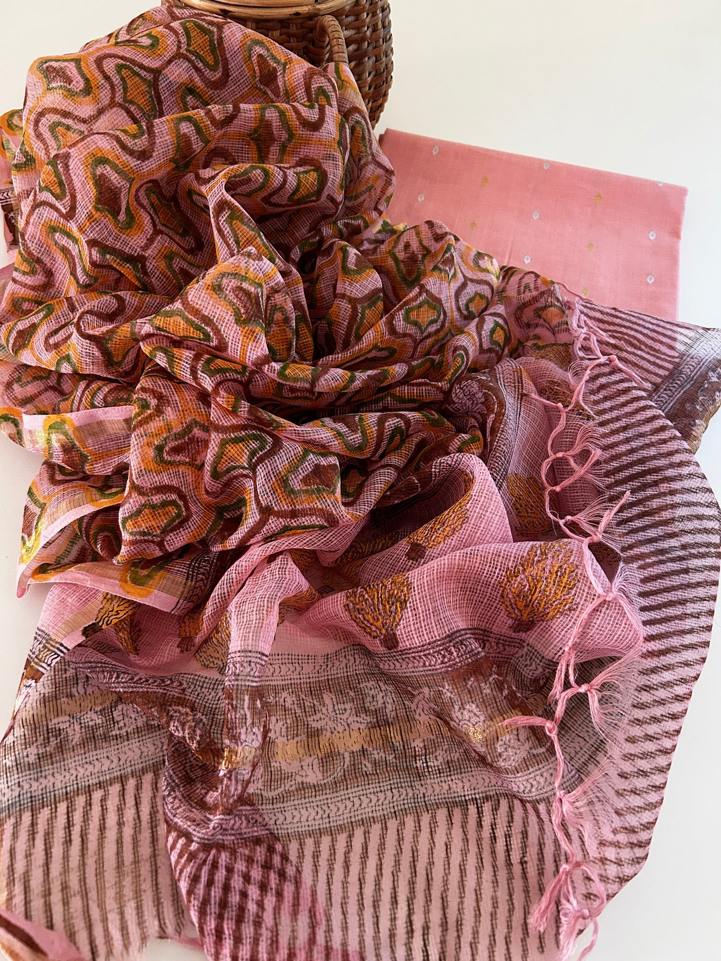 Soft Peach Handloom Cotton Silk Suit Set with Kota Doria Dupatta
