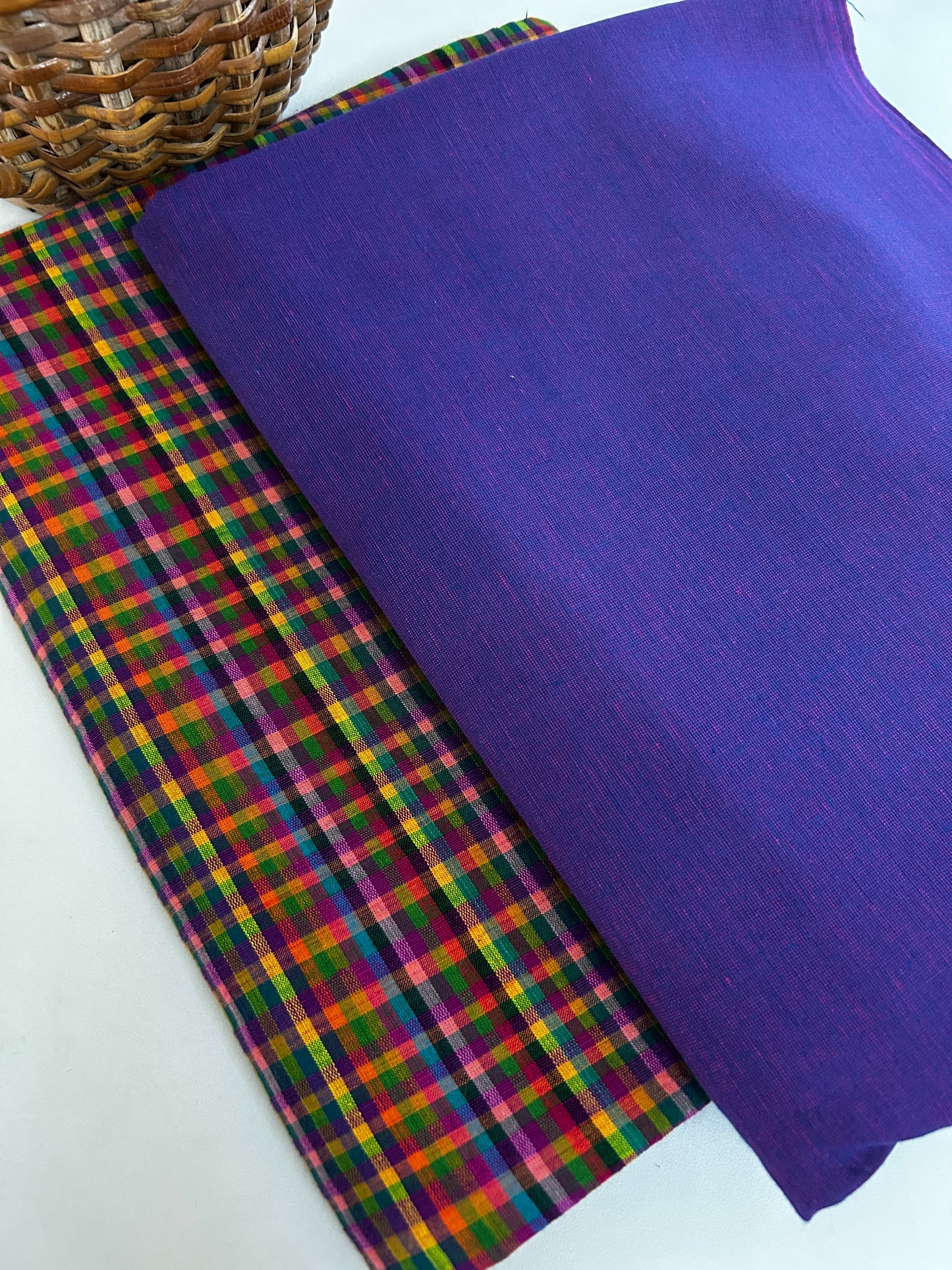 Premium Handloom Cotton Kurta Set Material - Purple with Multicolor Micro Checks