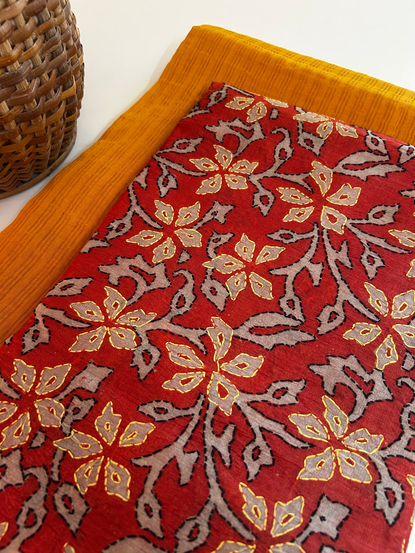 Kesariya Chanderi Silk Zari Weave Kurta Set with Tussar Kantha Dupatta