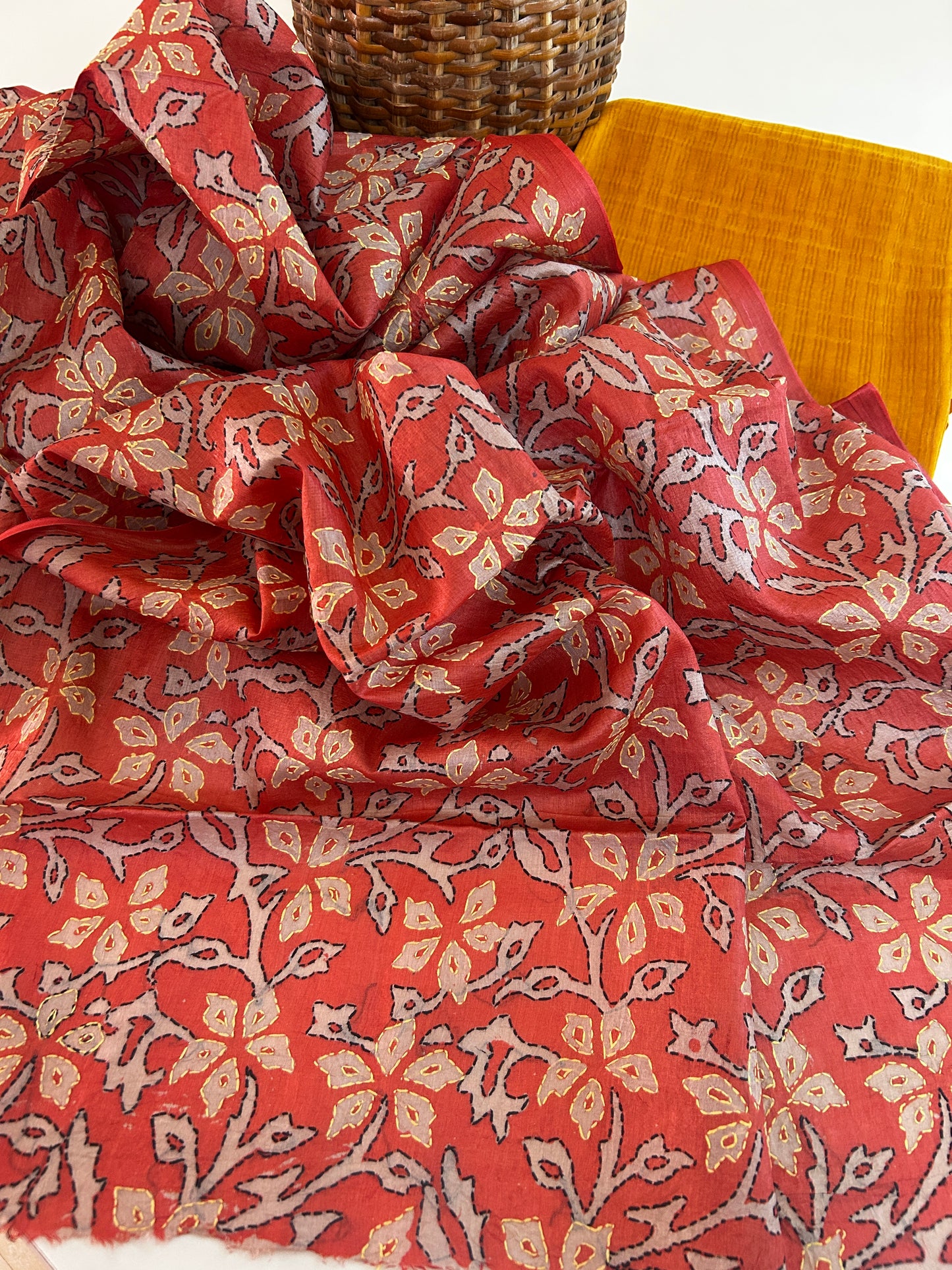 Kesariya Chanderi Silk Zari Weave Kurta Set with Tussar Kantha Dupatta