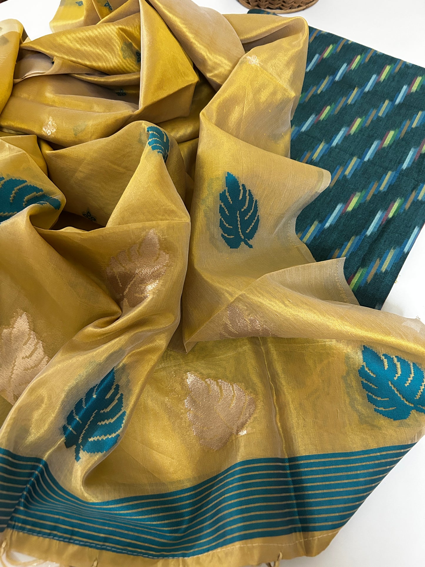 Teal Handloom Ikat Cotton kurta paired with a Golden Silk Cotton Dupatta
