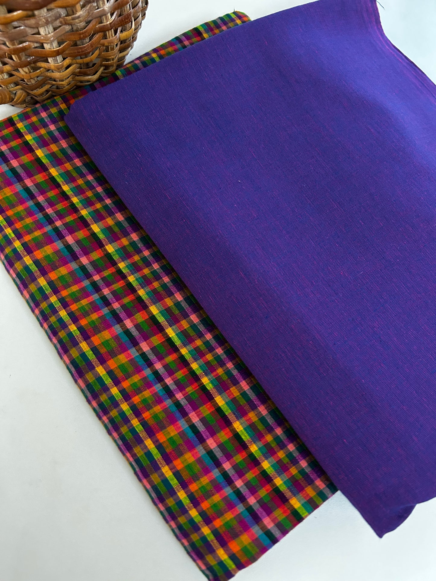 Premium Handloom Cotton Kurta Set Material - Purple with Multicolor Micro Checks