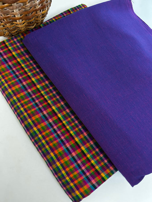 Premium Handloom Cotton Kurta Set Material - Purple with Multicolor Micro Checks