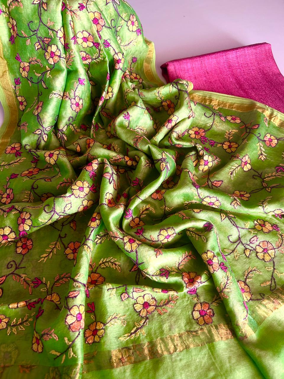 Tussar Kurta with Kashmiri Work Chanderi Dupatta.