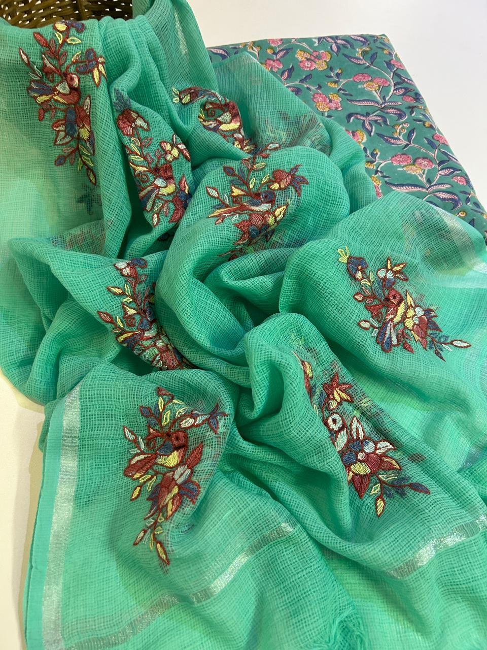 Cotton Kurta Set with Kashmiri Embroidered Kota Dupatta