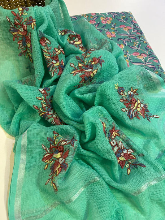 Cotton Kurta Set with Kashmiri Embroidered Kota Dupatta