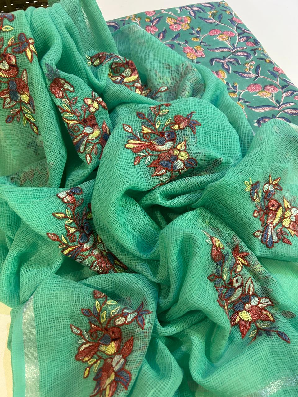 Cotton Kurta Set with Kashmiri Embroidered Kota Dupatta