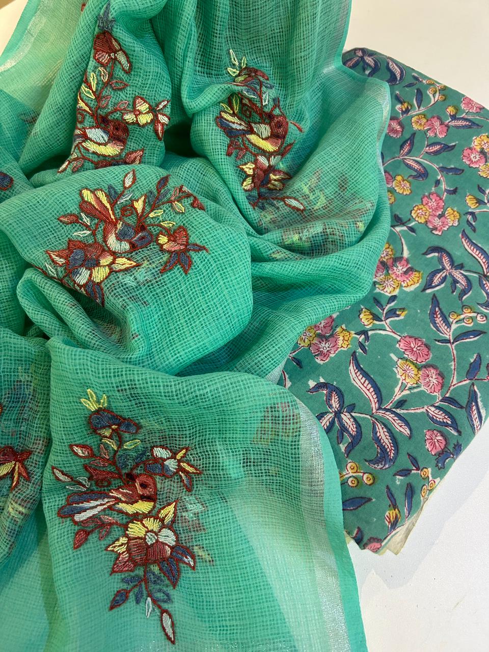 Cotton Kurta Set with Kashmiri Embroidered Kota Dupatta