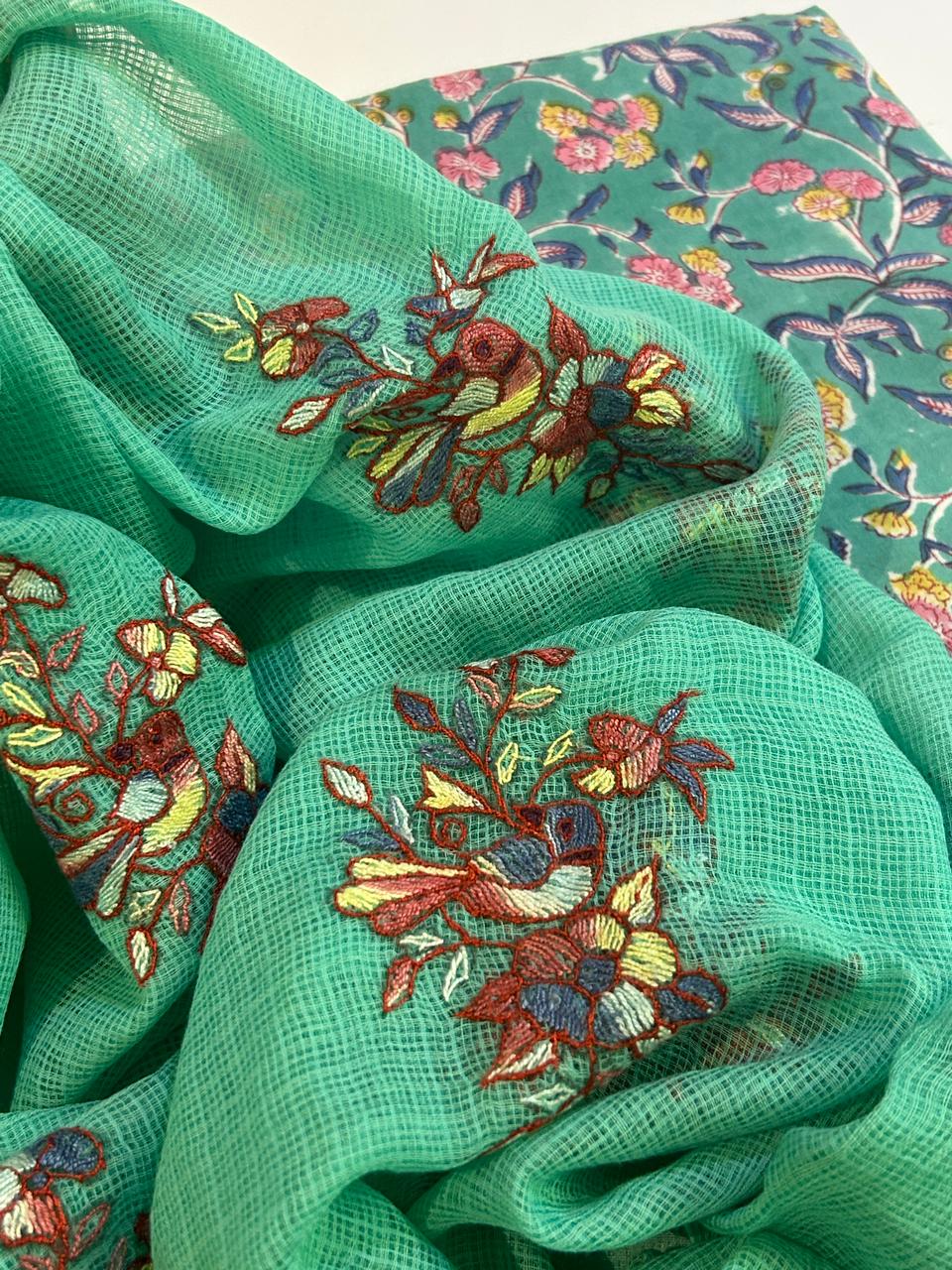 Cotton Kurta Set with Kashmiri Embroidered Kota Dupatta