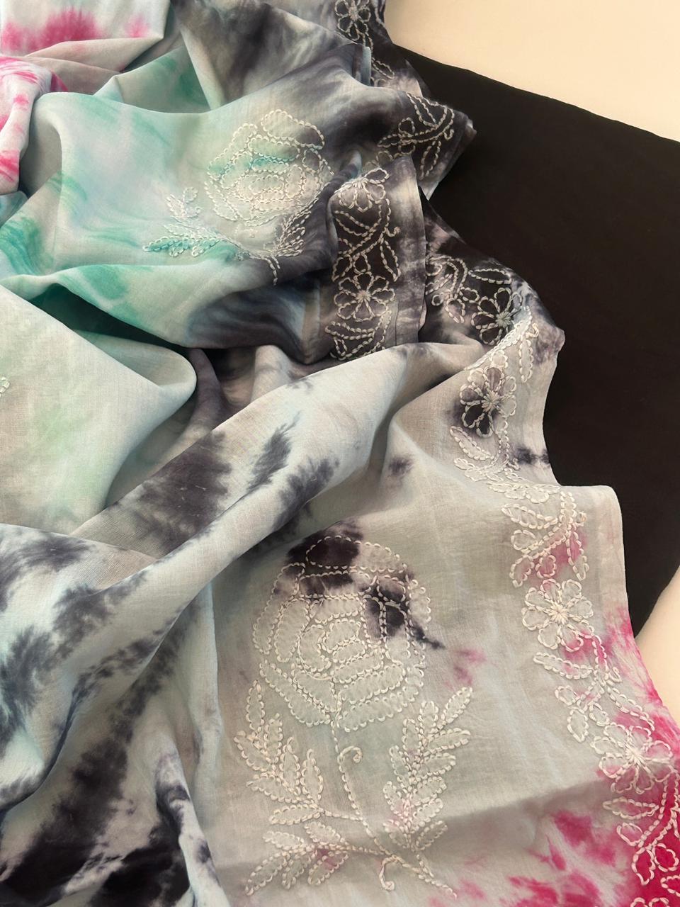 Chikankari Tie & Dye Dupatta with Chanderi Silk Kurta Set