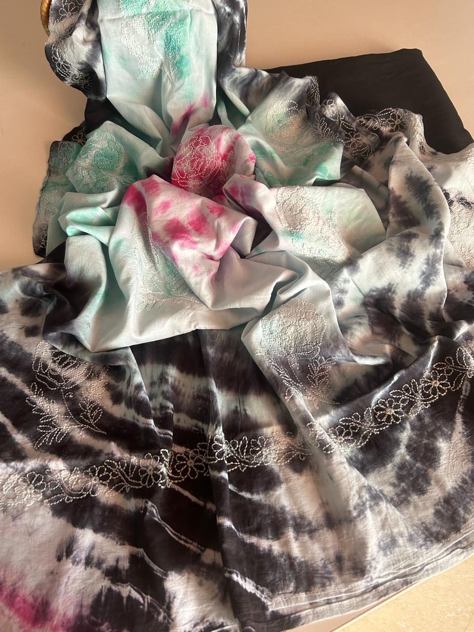 Chikankari Tie & Dye Dupatta with Chanderi Silk Kurta Set