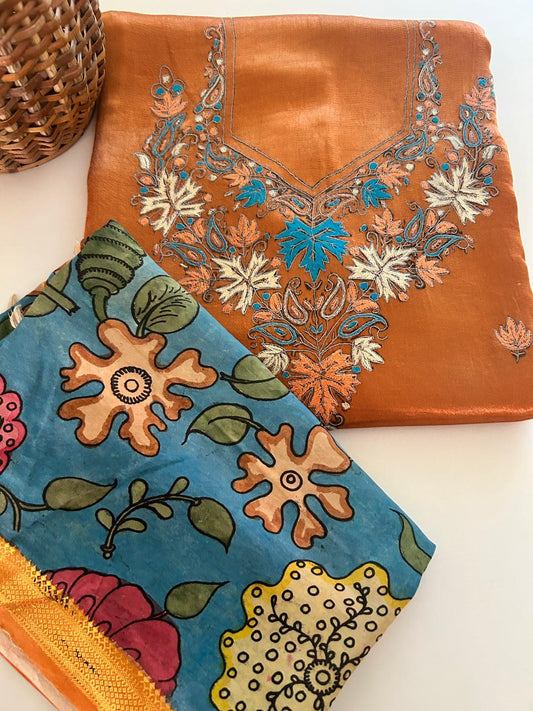 Kashmiri Embroidered Musuru Silk Kurta with Pen Kalamkari Silk Dupatta