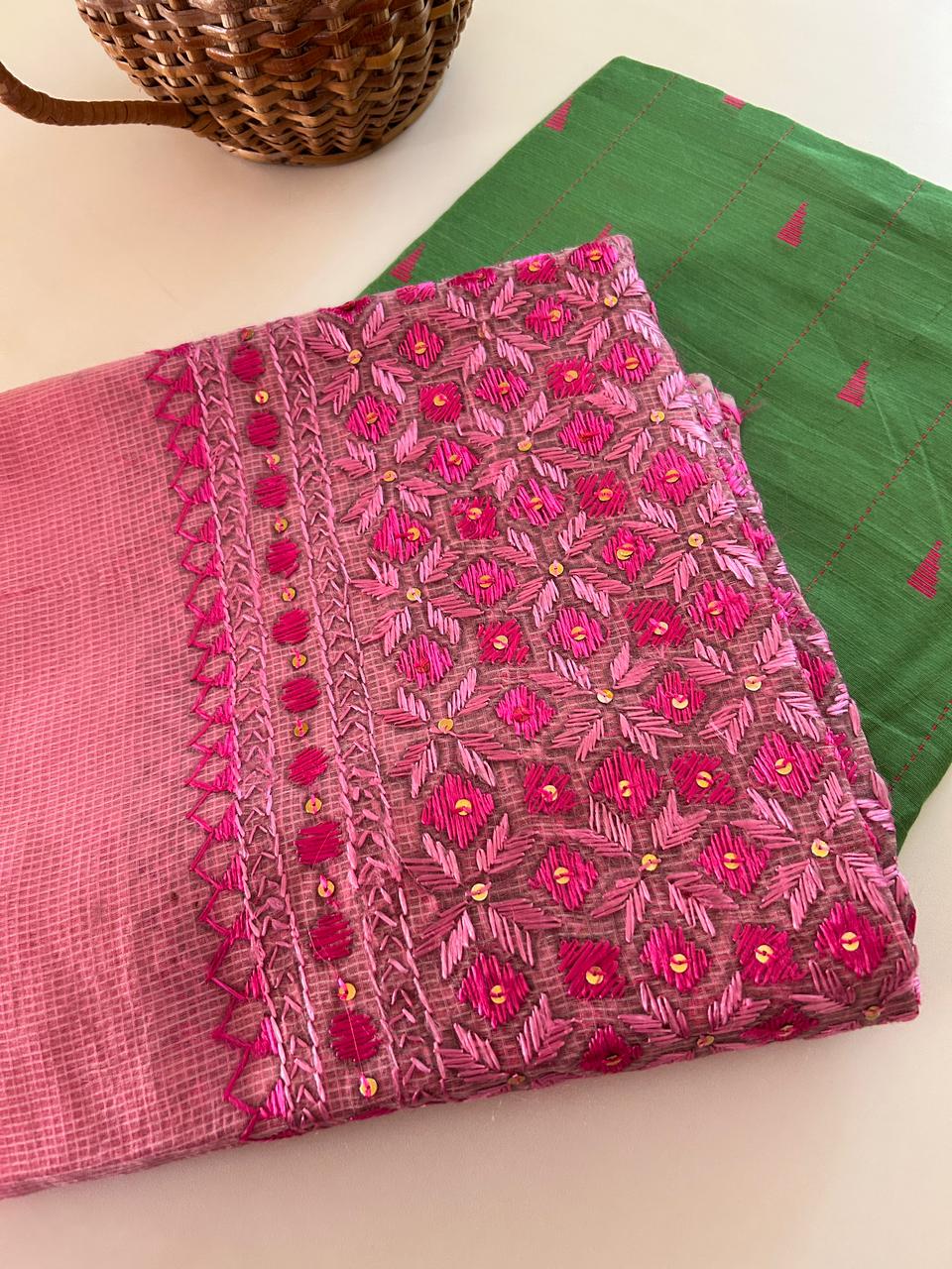 Silk Cotton Kurta with Phulkari Embroidered Kota Doria Dupatta