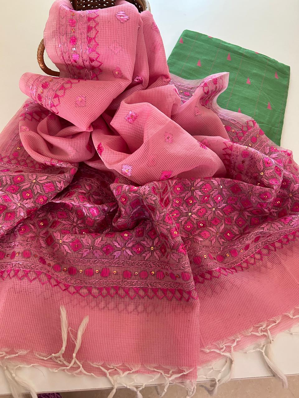 Silk Cotton Kurta with Phulkari Embroidered Kota Doria Dupatta