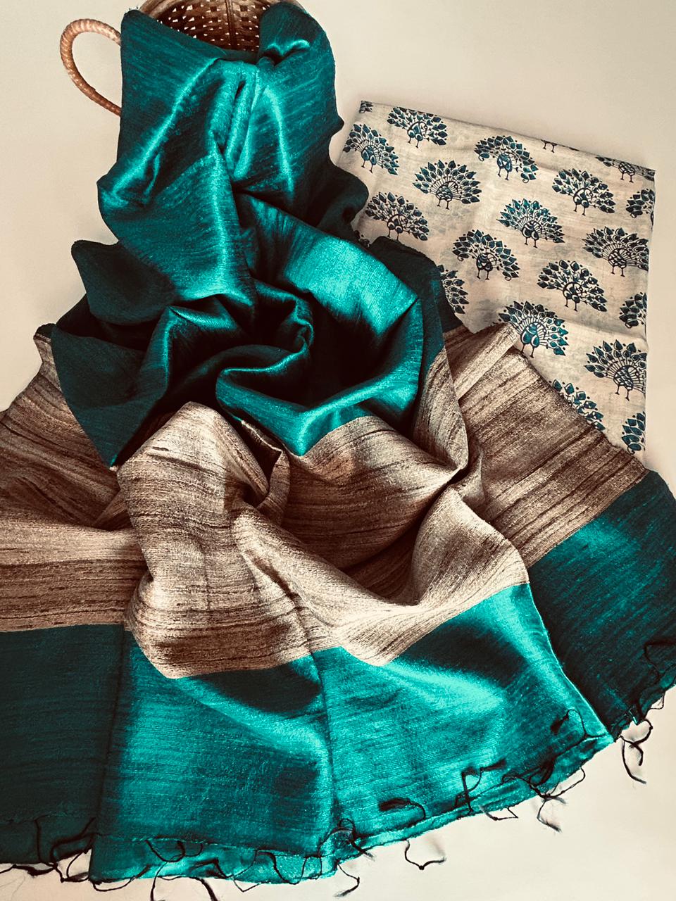 Tussar Silk Peacock Kurta with Gichaa Handloom Dupatta