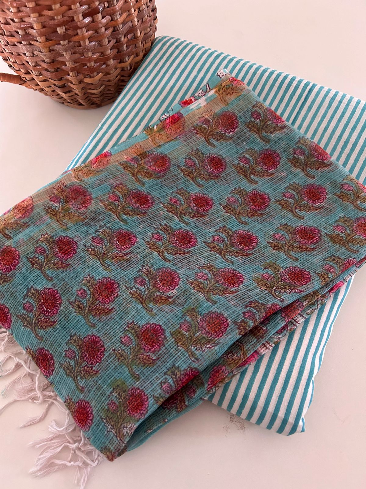 Handblock Stripe Set with Kota Doria Dupatta