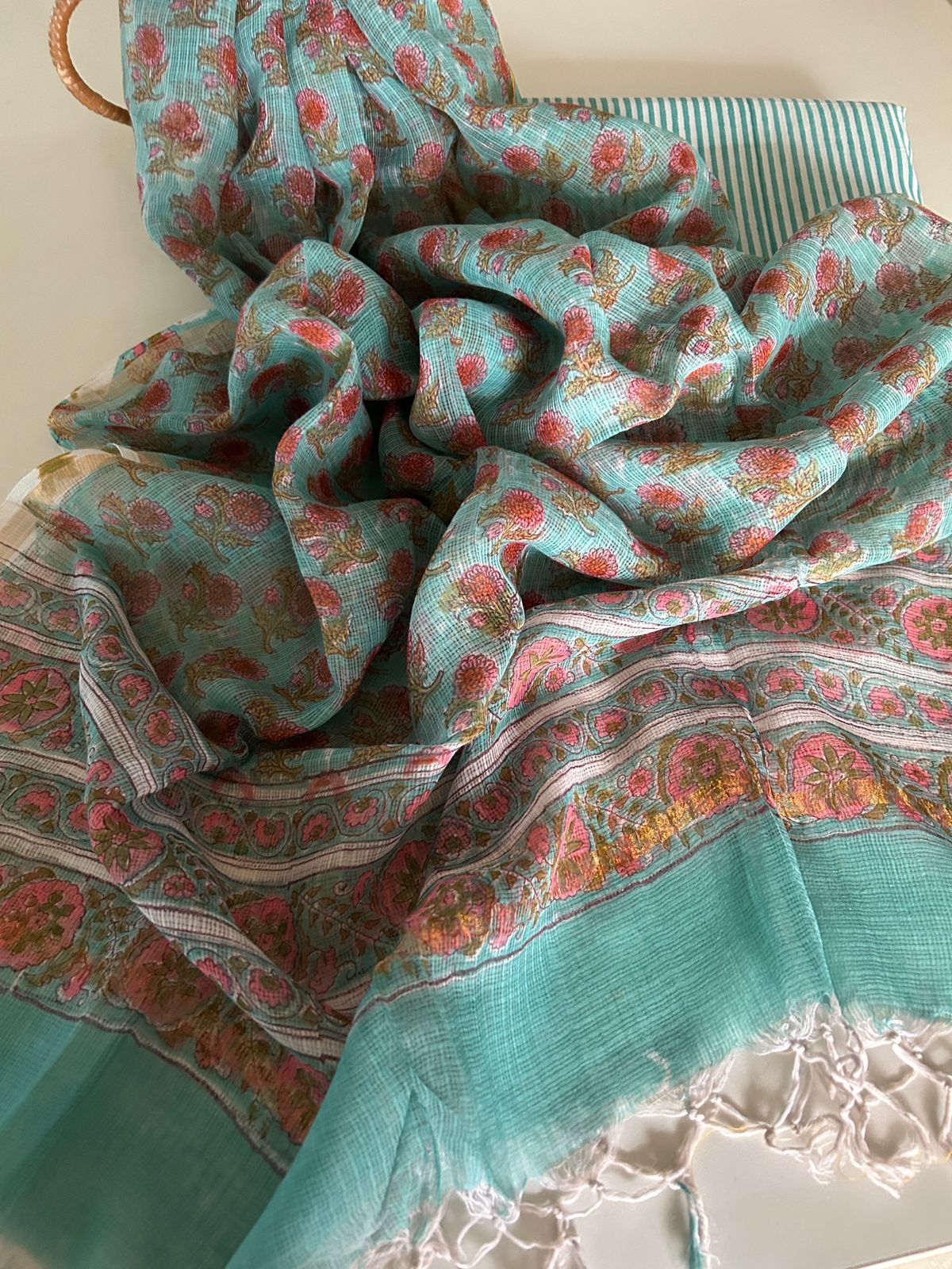 Handblock Stripe Set with Kota Doria Dupatta