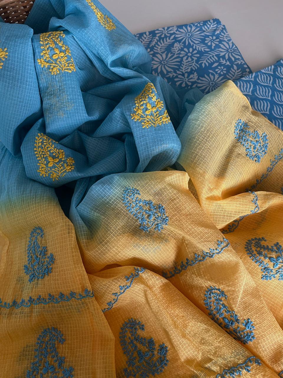 Chikankari Dupatta with Natural Handblock set